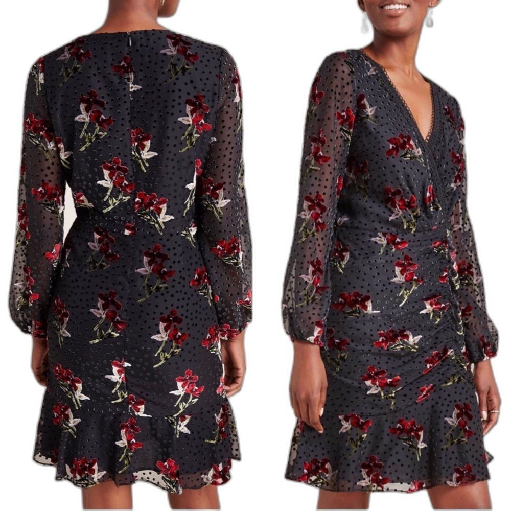 Anthropologie Shoshanna Velvet Floral Print Long Sleeve Mini Dress Petite 8 NWT